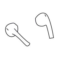 Outline wireless earphones. Personal audio equipment for podcasting, listening to music. Wireless Earbud, In-Ear Headphones. Simple doodle black white vector illustration isolated on white background.