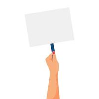 A woman's hand with a manicure holds a sign with an empty space for text. Template for protest, voting, evaluation, message, announcement. Vector illustration in a flat style isolated on white