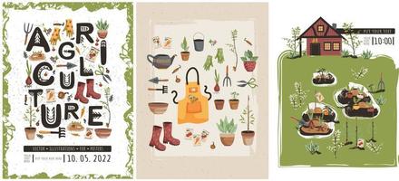 Agriculture and farm, gardening posters. Vector illustration for poster design