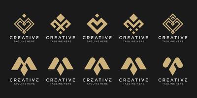 Set of abstract monogram initial M logo template. icons for business of fashion, sport, pixel, technology. vector