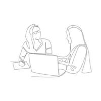 Colleague discussing vector illustration drawn in line art style