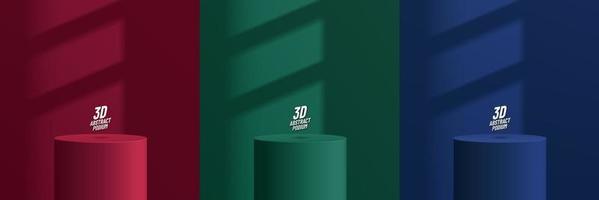 Set of abstract 3D room with realistic cylinder stand or podium. Red, Green, Blue vector geometric forms with window shadow overlay. Minimal scene mockup products, Stage showcase, Promotion display.