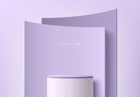 Realistic purple and white 3D cylinder stand podium with round curves layers scene background. Abstract minimal wall scene for product stage showcase, promotion display. Vector pastel geometric forms.