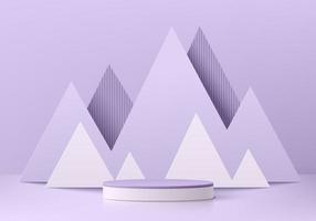 Realistic lavender purple and white 3D cylinder pedestal podium with geometric triangle layers background. Abstract minimal scene mockup products display. Round stage showcase. Vector geometric forms.