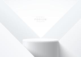 Realistic white, gray 3D cylinder stand podium with triangle overlap background. Vector luxury geometric forms. Abstract minimal scene for mockup products, Round stage for showcase, promotion display.