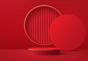 Realistic dark red and gold 3D cylinder pedestal podium with circle window background. Abstract minimal scene for products stage showcase, Promotion display. Geometric forms. Happy lantern day style. vector