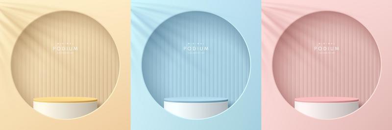 Set of pink, yellow, blue, white realistic 3d cylinder stand podium in round circle window. Vector abstract room with geometric forms. Pastel minimal scene for products showcase, Promotion display.