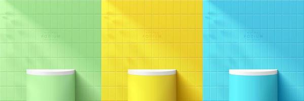 Set of realistic 3d cylinder stand podium on pastel yellow, blue, green wall scene with leaf shadow overlay. Abstract minimal scene for mockup products display, Stage showcase. Vector geometric forms.