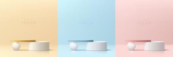 Set of pink, yellow, blue and white realistic 3d cylinder pedestal podium with spheres ball. Vector abstract room with geometric forms. Pastel minimal scene for products showcase, Promotion display.