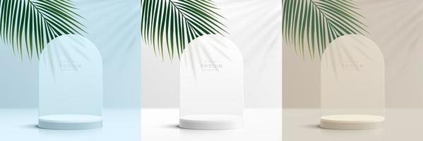 Set of realistic white 3d cylinder podium in white, blue, beige scene background with coconut leaf. Abstract minimal wall scene for mockup products display, Stage for showcase. Vector geometric forms.
