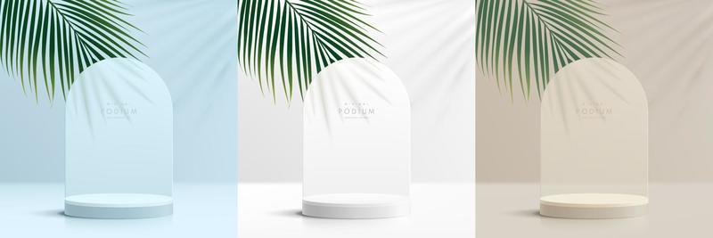 Set of realistic white 3d cylinder podium in white, blue, beige scene background with coconut leaf. Abstract minimal wall scene for mockup products display, Stage for showcase. Vector geometric forms.