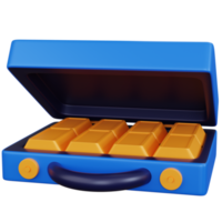 Valise bleue ouverte de rendu 3d avec de l'or isolé