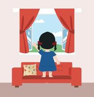 child girl standing back on couch view the window