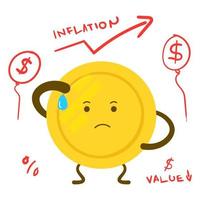 tired coin illustration with rising inflation chart with handwritten text and graphics vector