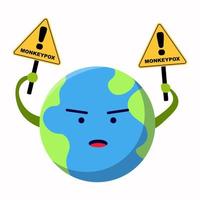 cute earth character holding up monkeypox global virus warning sign vector