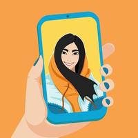 Asian girl takes a selfie. Vector illustration.