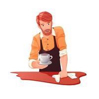 Cartoon barista offers a cup of coffee. vector