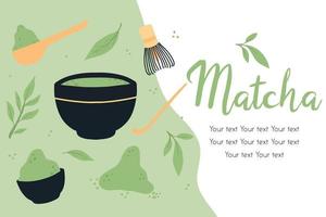 Flyer with matcha tea. Vector illustration with green tea. Mug with matcha latte. Poster with green matcha mug.