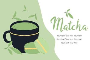 volante con té matcha. ilustración vectorial con té verde. taza con matcha latte. cartel con taza de matcha verde. vector