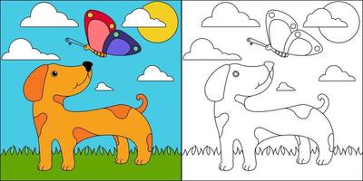 Dog and butterfly suitable for children's coloring page vector illustration