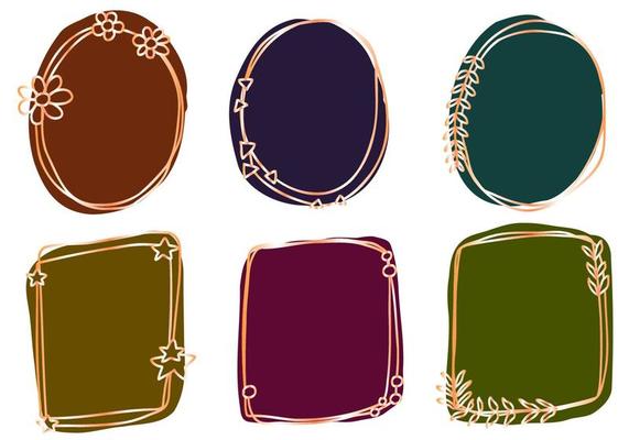 Abstract doodle gold frames dark colors set hand drawn. Cute round lines with leaves, stars, circles, square, plant, geometry collection.