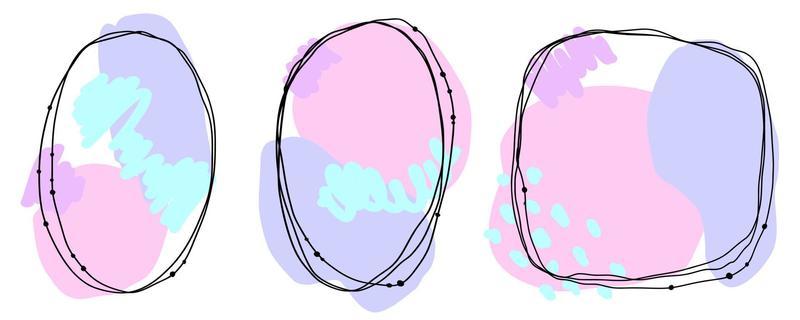 Abstract doodle black frames set hand drawn. Cute scribble pink round lines with circles, square collection.