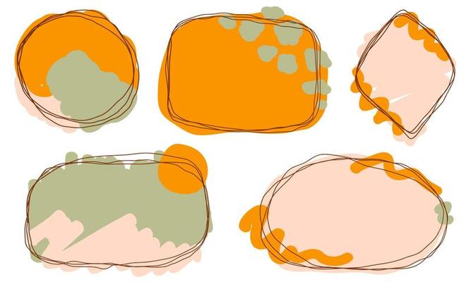 Abstract doodle black frames set hand drawn. Cute scribble orange round lines with circles, square, rhomb collection.