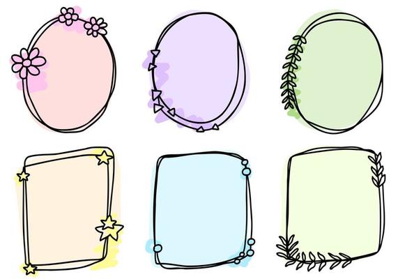 Abstract doodle black frames pastel set hand drawn. Cute round lines with leaves, stars, circles, square, plant, geometry collection.