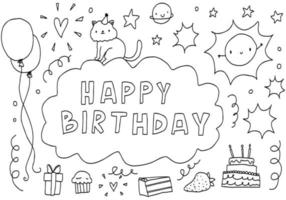 Doodle happy birthday line. Sketch set cute isolated line collection for kids, scribble coloring book. vector