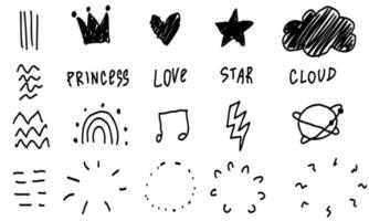 Doodle frames rays line scribble, star, cloud crown. Sketch set cute isolated elements collection. vector