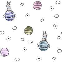 Cute pet pattern with planets, stars, rabbits, clouds in space. White for scrapbooking, doodle cosmos animal. vector