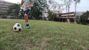 Boy is playing soccer football in green field - people with outdoor sport winner goal target success concept video