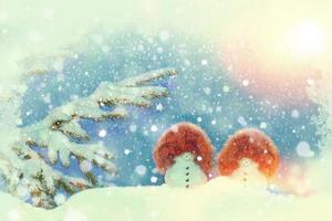 happy snowman. Winter landscape. Merry christmas and happy new year greeting card photo