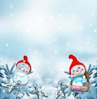 Happy snowman on a winter landscape background. photo