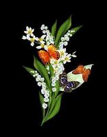 branch of flowers and butterflies isolated on a black background photo