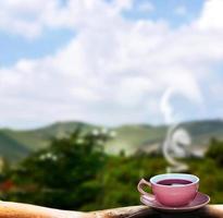 taza de té caliente en un paisaje de verano de fondo foto