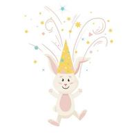 personaje de conejito. saltando y sonriendo divertido, feliz cumpleaños conejo de dibujos animados con fuegos artificiales, vector