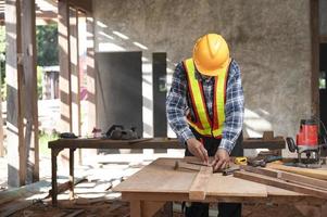 Carpenter working in an Asian carpentry office working portrait of a white man. photo