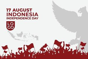 plantilla de fondo blanco del día de la independencia de dirgahayu indonesia con adornos mapa indonesio, gente de euforia y garuda plana vector