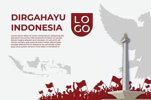 plantilla de fondo blanco del día de la independencia de dirgahayu indonesia con adornos monas, gente de euforia y garuda plana vector