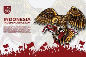 fondo de plantilla del día de la independencia de indonesia con animación de arte garuda y gente de euforia vector