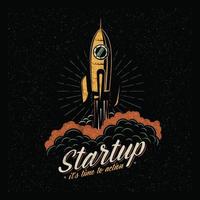 Colored lifts off rocket startup symbol in vintage retro style.Can be used for t-shirt print, mug print, pillows, fashion print design, kids wear, baby shower, greeting and postcard. t-shirt design vector