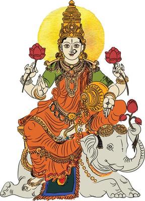 The Hindu goddess of wealth Lakshmi Seated on White Elephant