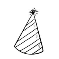 Festive party hat isolated on white background. Vector hand-drawn illustration in doodle style. Perfect for cards, logo, invitations, decorations, birthday designs.