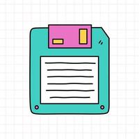 Floppy disk or diskette in bright colors. Storage device. Vector hand-drawn doodle illustration isolated on checkered background. Perfect for cards, decorations, logo, various designs. 90s retro style