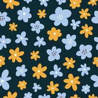 Cute seamless pattern with yellow and blue flowers on dark background. Vector illustration in hand-drawn flat style. Perfect for print, decorations, wallpaper, wrapping paper, cards.