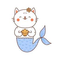 lindo gato sirena sonriente aislado sobre fondo blanco. ilustración vectorial dibujada a mano en estilo kawaii. perfecto para tarjetas, estampados, camisetas, afiches, decoraciones, logo. personaje animado. vector