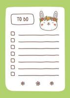 To do list template decorated by kawaii bunny with flowers. Cute design of schedule, daily planner or checklist. Vector hand-drawn illustration. Perfect for planning, notes and self-organization.