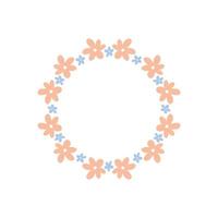 corona floral con lindas margaritas rosas y azules aisladas en fondo blanco. marco redondo con flores. ilustración vectorial dibujada a mano. perfecto para tarjetas, invitaciones, decoraciones, logotipos, varios diseños vector