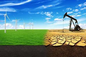 The concept of green energy windmills in a beautiful field. Oil pump in sandy field with cracks. Energy Production leads to the destruction of the world photo